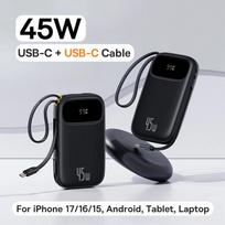 Baseus 45W 20000mAh Power Bank 10000mAh Built-In Retractable USB-C & Lightning Cable for iPhone 17 16 15 Samsung S25 Xiaomi Poco