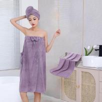 Didelio tankio koralinio vilnos vonios rinkinys: Greitai džiūstantis rankšluostis, plaukų džiovinimo kepuraitė ir krūtinės apdangalas. Bath Cap + Bath Skirt + Towel violetinė