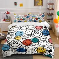 Vibrant cartoon smiley faces pattern Print Bedding Set 1 Duvet Cover 2 Pillowcases for Adult and Children Luxury Gift Full Size EU Single 135*200cm/53x79in 3pcs white