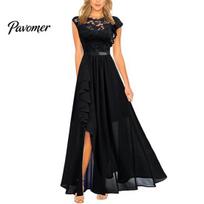 Prom Dress O-Neck Ruffle Sleeveless Gown High-Waist Irregular Draped Embroidery Lace Chiffon Stitching Maxi Party L