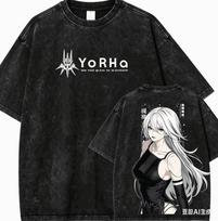 2026 NieR: Automata A2 YoRHa Vintage Washed T-shirt Anime Print Oversized Cotton Short Sleeve Tee For Men Women Fans L black