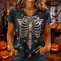 Women's Halloween V-Neck Short Sleeve T-Shirt, Stylish and Comfortable Casual Top S violetinė