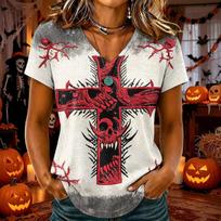 Women's Halloween V-Neck Short Sleeve T-Shirt, Stylish and Comfortable Casual Top XL raudona