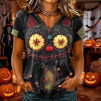 Women's Halloween V-Neck Short Sleeve T-Shirt, Stylish and Comfortable Casual Top XL geltona