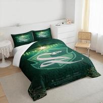 Hogwarts Legacy Slytherin Snake Crest Bedding set (1 duvet cover, 2 pillowcases, duvet not included), Green Embroidered Wizarding Art Print 250x220cm