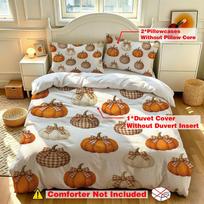 3 Pcs Fall Thanksgiving Duvet Cover Set Pumpkin All Over Print Plaid Bow Print Soft Bedding Set for Home 229x229 white