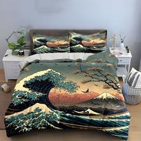 Traditional Japanese Bedding Set, Iconic Ukiyo-e Great Wave Off Kanagawa with Mount Fuji Print Duvet Cover, Bedroom Decor AU Double 180X210cm&set