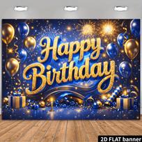 Blue Gold Happy Birthday Gift Banner Backdrop, Balloon Gift Firework, Polyester, No Power, Indoor Outdoor Party Decor 43.3*70.9in multi