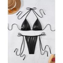 PU Faux Leather Sexy Mini Micro Thong Bikini Female Swimsuit Women Swimwear Two-Pieces Bikini Set Bather Bathing Suit Swim S black
