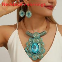 Personalized Jewelry Set With Mixed Material Crystal Drop Earrings And Statement Necklace For Teens LakeBlue beige