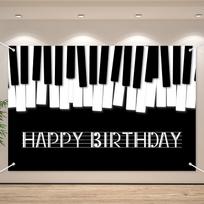 Piano Happy Birthday Banner Backdrop Black White Music Piano Keyboard Theme Background Decor for Adults Kids Musicians Music Birthday Party Favors Dec 79×59inch/200*150cm