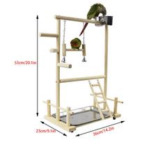 Double Layer Wooden Bird Stand Including Ladder Swing Bell Bird Athletic Toy Stand beige
