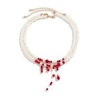 Halloween Choker Gothic Blood Drop Earrings Pearls Tassel Choker Gothic Blood Drop Brooch  Lady StyleE white