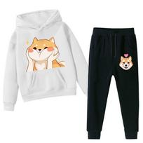 Shiba Inu Print Hoodie Sweatpants Set Women Casual Fleece Lined Streetwear XXXL white