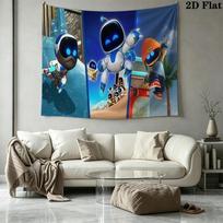 Astro Bot žaidimo gobelenas, keli robotų personažai, padalintas ekranas, sieninė dekoracija žaidimų kambariui, miegamajam 130cm x 150cm