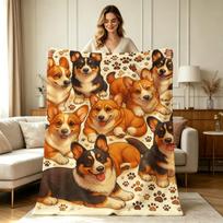Soft Flannel Throw Blanket Cute Corgi Paw And Bone Print All Season Warm Cozy Lightweight Blanket for Sofa Couch Bed Office Living Room Home Decor 75X95CM orange