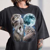 Manul Cat Moon T-Shirt, Pallas Cat Retro Graphic Tee, Wild Feline Apparel S gray