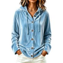 Soft Velvet Clothing Women Button Front Hoodie, Long Sleeve Hooded Jacket, Coat Loose Fit Casual Drawstring for Autumn Winter Lady Warm M šviesiai mėlyna spalva