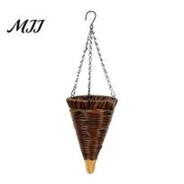 Rattan Hanging Basket Cone Flower Artificial Woven Planter Rustic Conical Plant with Metal Chains for Indoor Outdoor Garden Balcony 1pc black