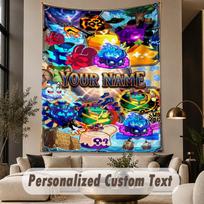 Custom Text Printed Tapestry Blox Fruits Pattern Large Wall Hanging Indoor Room Decor 100cmx150cm blue