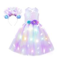 LED Light Up Ocean Mermaid Princess Tutu Full Set, Kids Birthday Children’s Day Stage Gown Blue XL(7-8) white