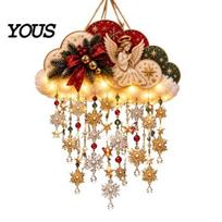 Winter Party Hanging Decor Vintage Lighted Christmas Snowfall Cloud, Cascading Snowflake Light with Reindeer/Angel, Holiday Gift for Home LED Lantern A beige