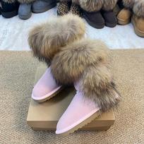 Fox fur medium tube snow boots women's fur integrated thickened and velvet thermal cowhide shoes 44 gray