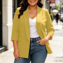 Women's Plus Size Color Casual with Lapel, Padded Shoulders, Three-Quarter Sleeves and Pockets XXXXXL geltona