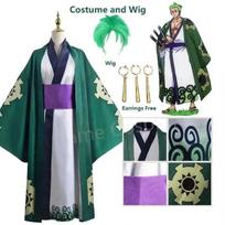 Žalias Roronoa Zoro Kimono Cosplay Anime Kostiumas Uniforma Helovinui Suaugusiųjų Kostiumo Pamušalas Perukas Viršutinis Drabužis Diržas Disfraz Halloween M gray