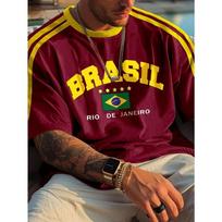 Brazilija Rio De Žaneiras Vėliavos Marškinėliai, Dryžuotos Rankovės BRASIL Raidžių Spaudinys Laisvalaikio Viršutinė Dalis Patriotiškiems Brazilijos Gerbėjams Kasdieniniai Gatvės Drabužiai M black