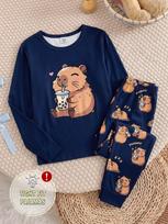 Girls Soft Pajama Set, Cute Capybara Bubble Tea Print Sleepwear, 8-12Y Kids Long Sleeve Pjs, Funny Animal Nightwear For Girls Home Sleeping & Gift 12Y beige