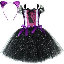 Sparkly Black Cat Tutu Dress Girls Animal Halloween Costumes with Ears Hairbow Kids Twinkle Kitty Ballet Tutus Outfit 10-12Y black