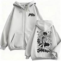 Anime JoJo Bizarre Adventure Graphic Zipper Hoodie Jotaro Kujo Print Zip Up Jacket Men Women Casual Oversized Zip Up Sweatshirt XL gray
