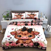 3Pcs Highland Cow Bedding Set, Cute Calf with Black Bow and Pink Roses Print Duvet Cover + 2 Pillowcases, Girl bedroom Decor AU Single 140X210cm&set