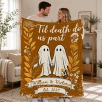 Personalized His & Hers Anniversary Blanket,Ghost Couple Til Death Do Us Part,Cozy Flannel,Spooky Bedroom Decor,Gothic Boo Together Blanket 75x90cm brown