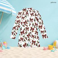 Girls High Neck Long Sleeve Front Zip Nutcracker Printed White One Piece Boyshort Swimsuit 140 white
