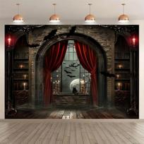 Halloween Medieval Gothic Castle Window Backdrop Photo Background Banner Decor 59x51.1inch/150*130cm