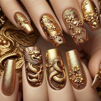 24pcs/set Medium long fake nails yellow dragon flowers feather design for Spring summer Square almond tips press on false nail