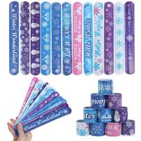 12Pcs Frozen Party Snowflake Slap Bracelets Kids Birthday Party Favors Goodie Pinata Fillers 2025 Winter Christmas Party Gifts blue