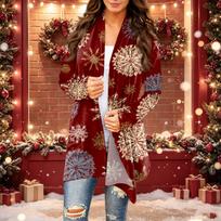 Women's Casual Christmas Print Midi Cardigan Jacket, Open Front Outerwear for Holiday XXXXL raudona