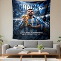 Tapestry Lionel Messi Argentina World Cup Trophy Gracias Leo Champion Poster for Soccer Fan Bedroom Wall Decor 100x150cm(39x59in)