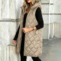 Women's Casual Mid-Length Hooded Sleeveless Cotton Vest Jacket for Fall and Winter Wear XL chaki