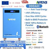 ANENJI LiFePO4 Battery 48V 300Ah Pack 15Kwh 51.2V 314Ah 16Kwh With Wheels Lithium Battery Grade A Cells 6000+ Cycles Bluetooth CAN/RS485 BMS for Home