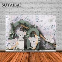 Cartoon Koala Baby Shower Backdrop Safari Wild Glitter Green Leaves Kids Birthday Portrait Custom Photography Background 47.2x31.5inch/120*80cm gray