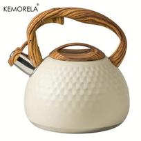 KEMORELA 3L nerūdijančio plieno virdulys su švilpuku ir plaktuko rašto paviršiumi, karščiui atsparia rankena, tinkamas dujinėms ir indukcinėms viryklėms 3L beige