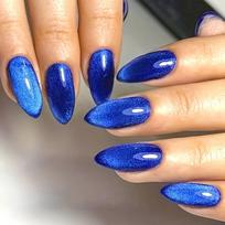 Rose Red Cat Eye Almond Press On Nails 24Pcs Glossy Stick On False Nails Simple DIY Manicure Patches For Women blue