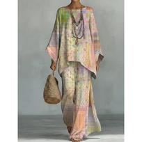 Y116 Summer Loose Bat Sleeve Top Wide Leg Pants Two-piece Women's Clothing European and American Fashion Suit XXXL beige