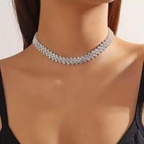 Women's European Full Diamond Cross Pendant Choker Necklace beige