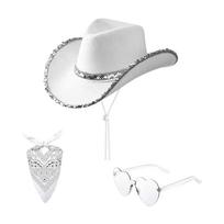 Adult Western Hat with Rolled, Bandana and Glasses Set One Size balta
