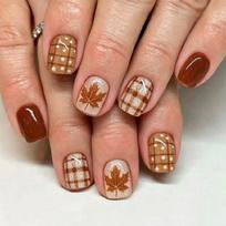 Autumn Theme Press On Nail Short Square 24 Piece Glossy Artificial Nail Set with Brown Plaids, Dot and Maple Leaf Detail for Easy Style Changes 1 brown